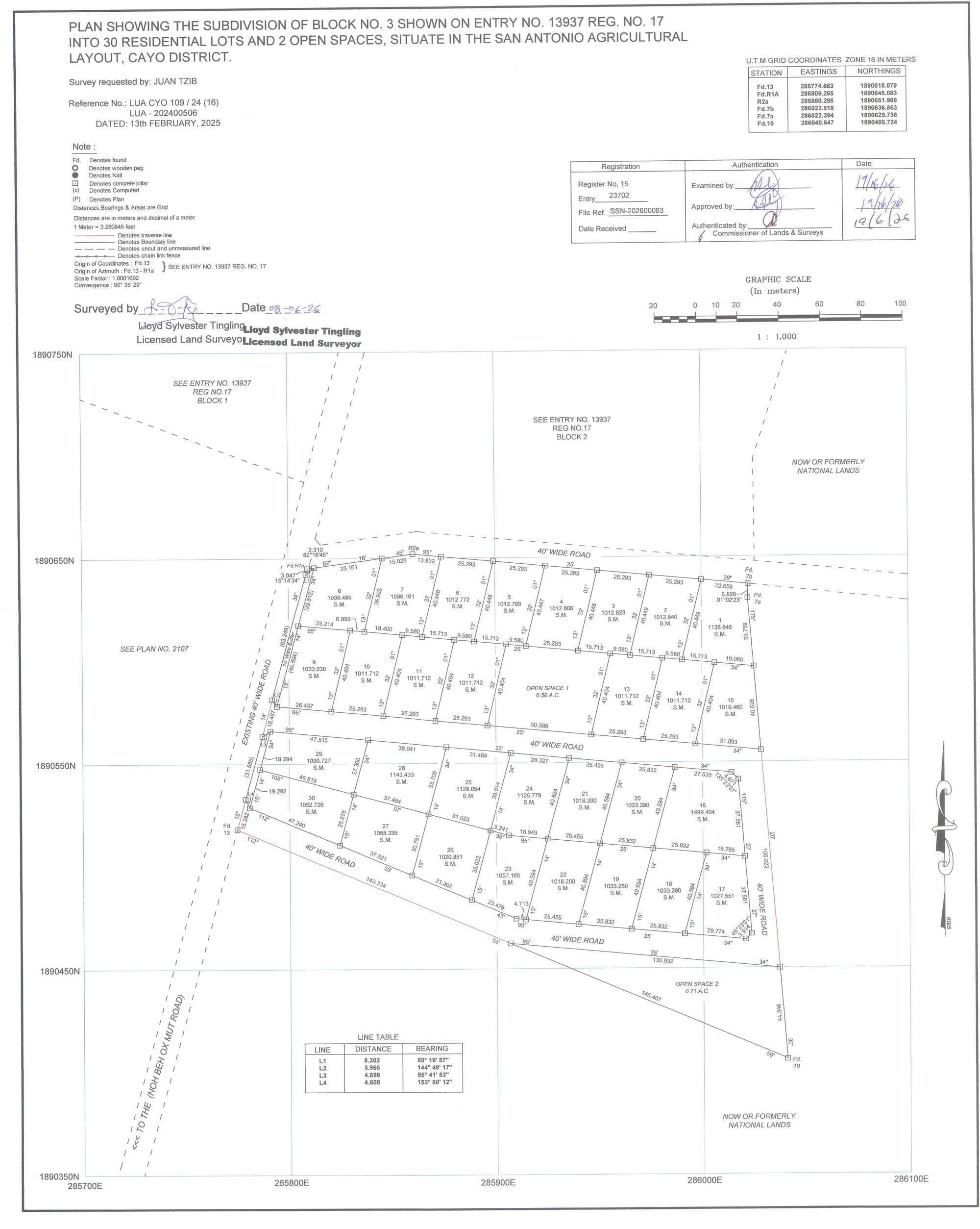 Authenticated survey plan showing the subdivision of Block No. 3 into 30 residential lots and 2 open spaces, San Antonio Agricultural Layout, Cayo District